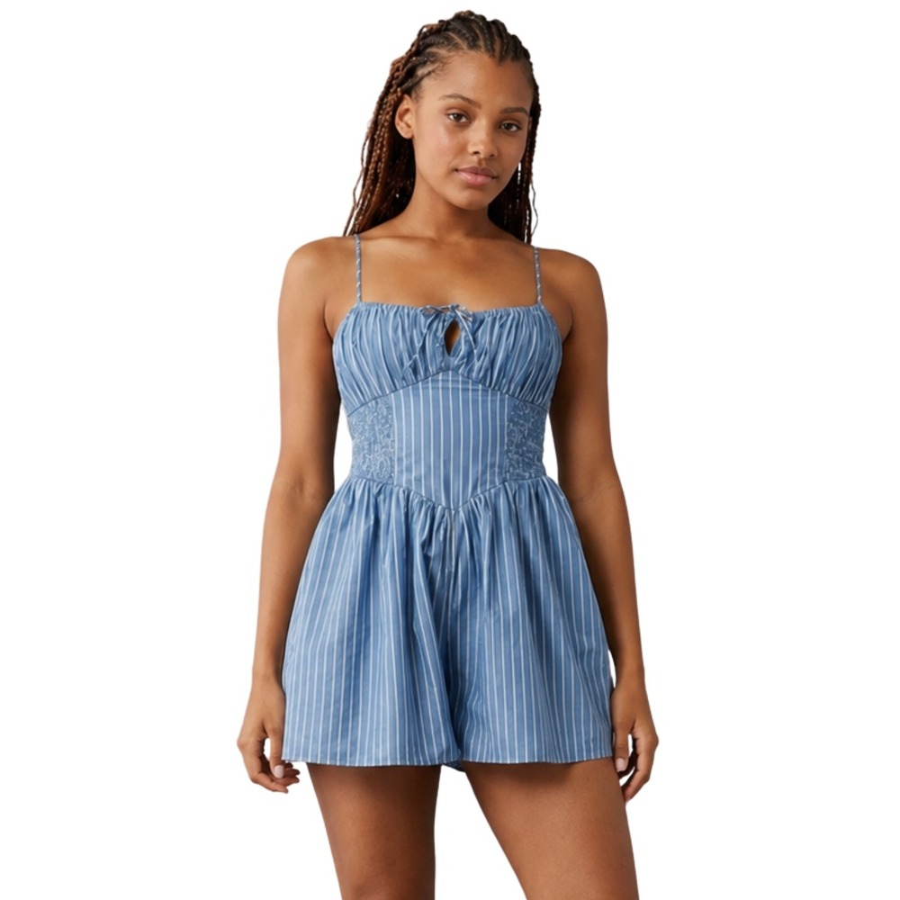 American Eagle Romper Womens XL Blue Striped Basque Cotton Tie Front Smocked